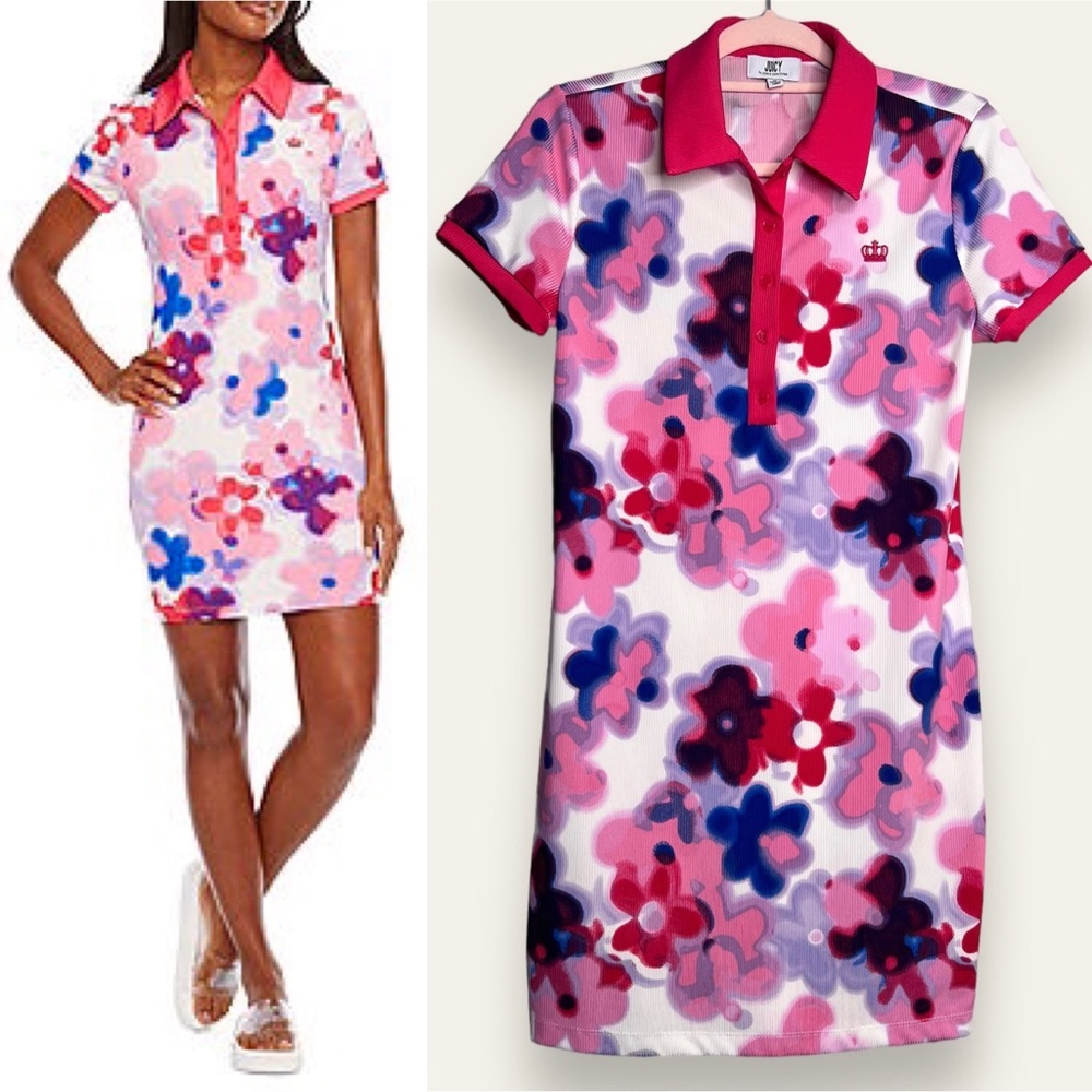 Juicy By Juicy Couture Bodycon Shirt Dress Medium Psychedelic 70s Pink Floral